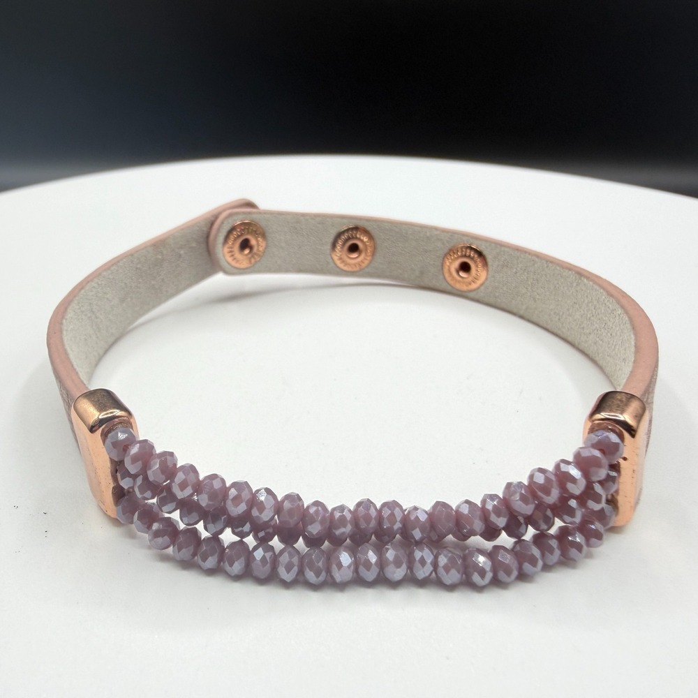 Pink Crystal Beaded Leather Wrap Bracelet Rose Gold Tone Adjustable Boho Gift